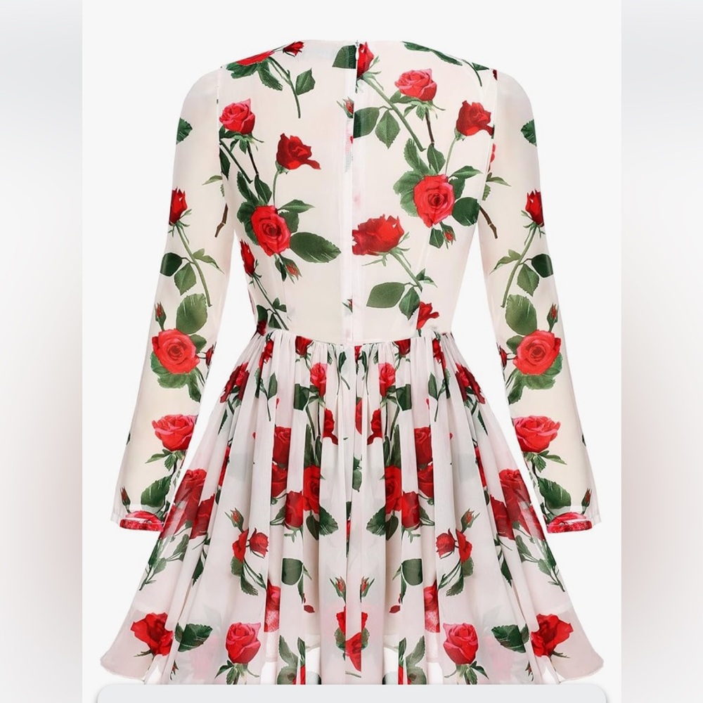 FINEJO White & Red Rose Floral Chiffon Dress Size M NWOT - Picture 4 of 14
